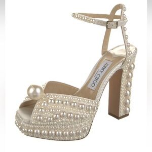 Jimmy Choo White Satin Platform Sandals with All-Over Pearl Embellishment